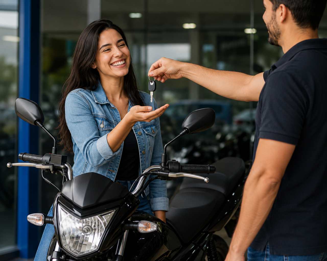 Jovem sorridente recebe as chaves da moto conquistada por consórcio em concessionária, celebrando a realização do sonho.