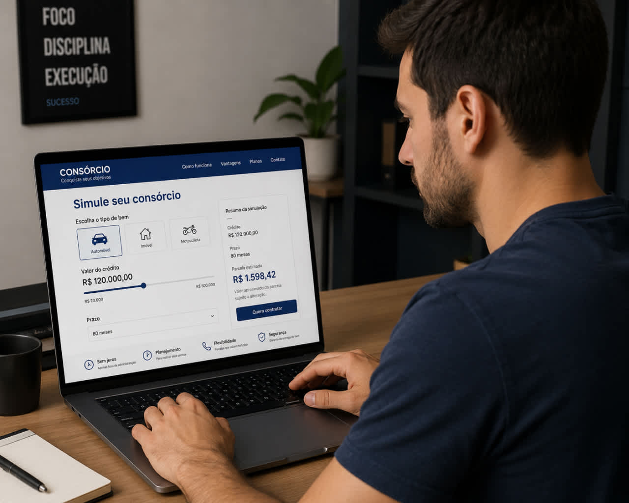 Homem simula um consórcio no notebook em escritório moderno, analisando opções de crédito online.